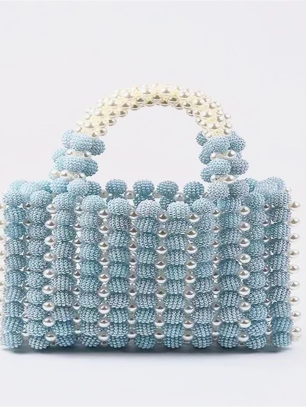 Handcrafted Pearl Candy Light Blue Beaded Top-Handle Bag